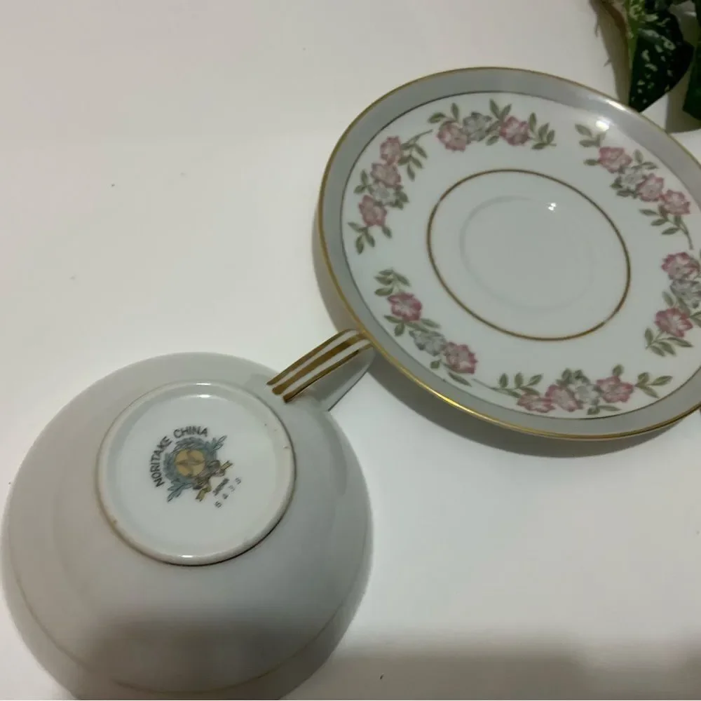 Noritake 5433 Cup & Saucer Dark Pink and Gray Floral VTG Japan G5